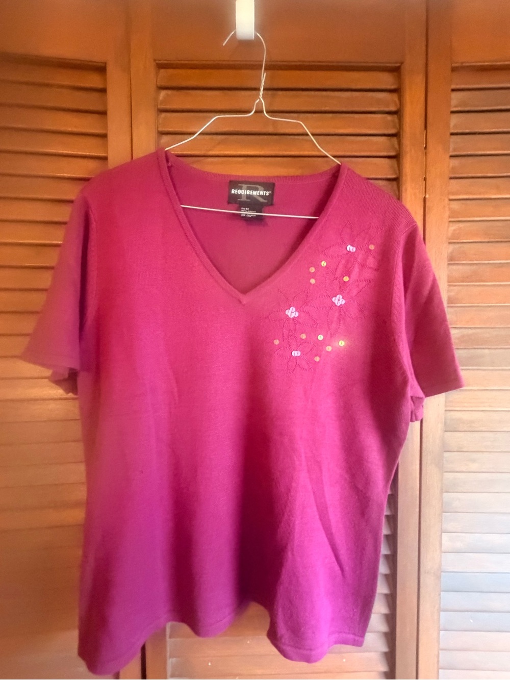 Requirements Magenta V-Neck Short Sleeve Top with Floral Sequin Detail